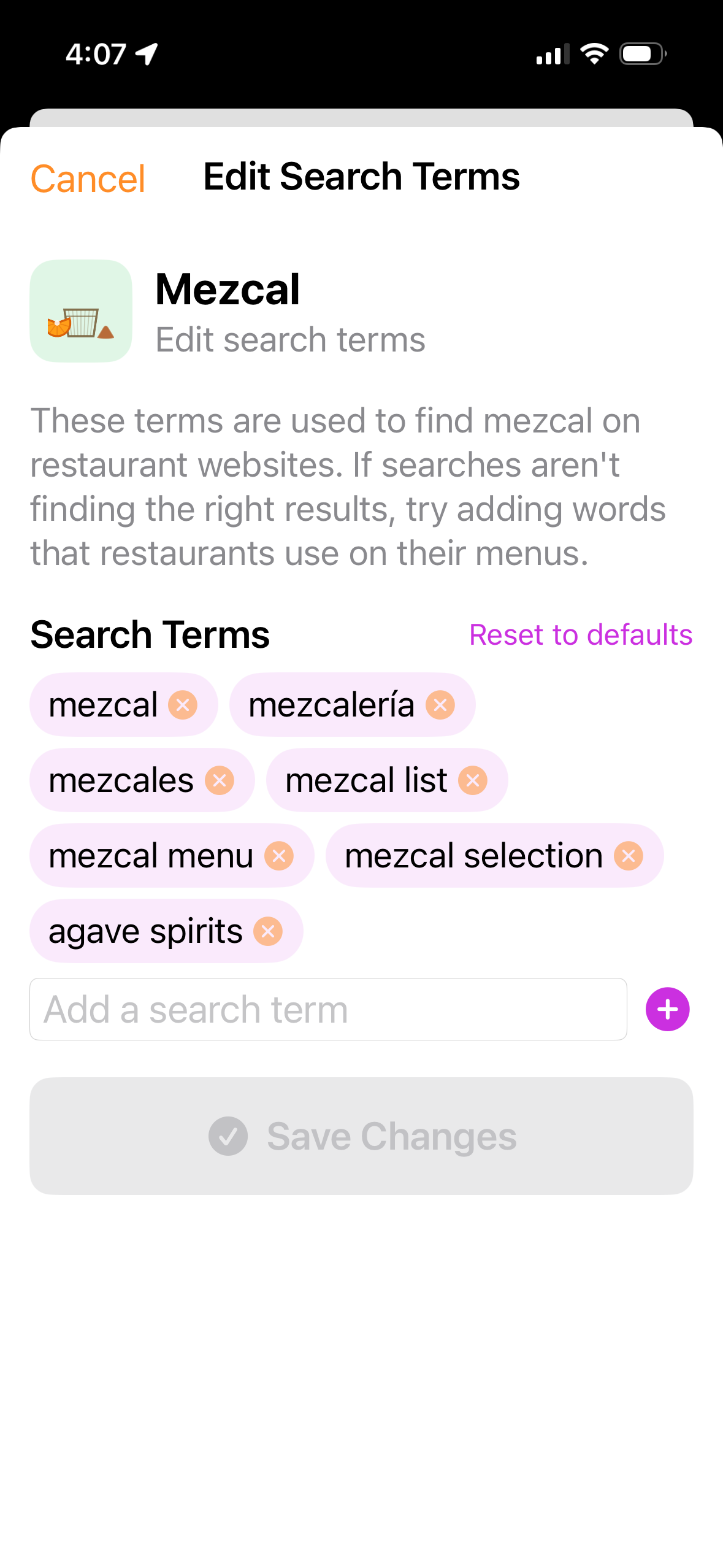 The search terms customization page