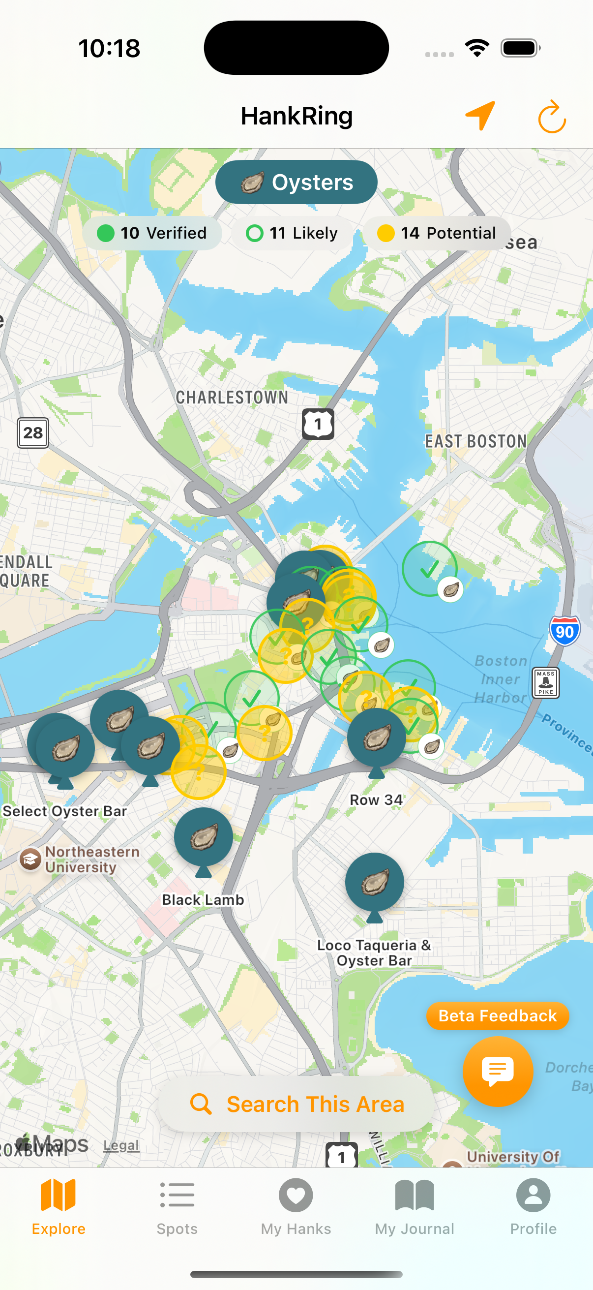 The map showing color-coded pins with filter buttons