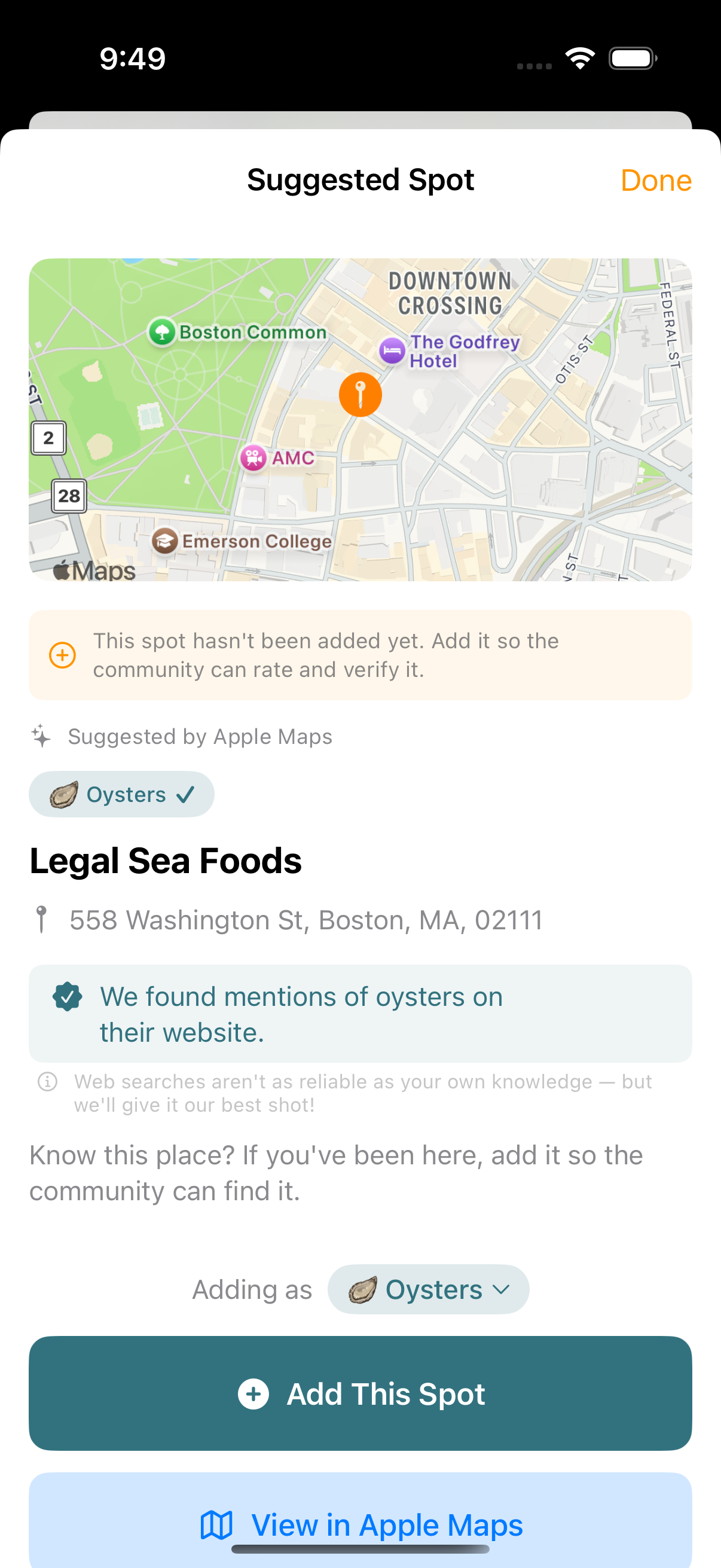 Ghost pin detail sheet showing category chips and website check results