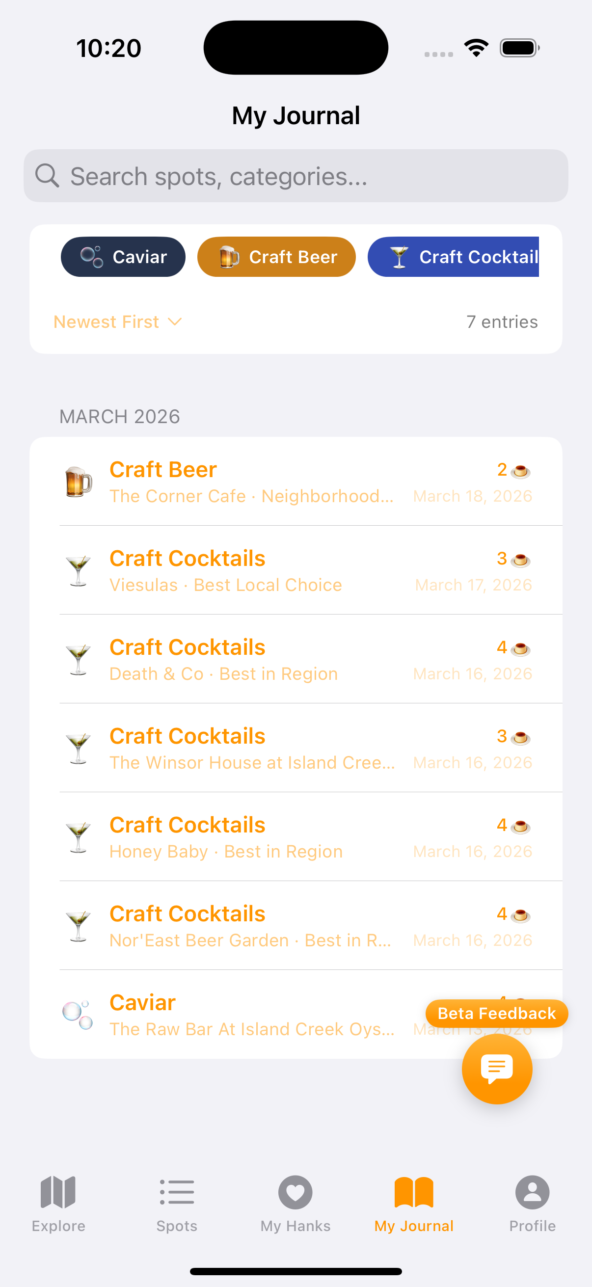 My Journal tab tracking ratings and verifications on a map