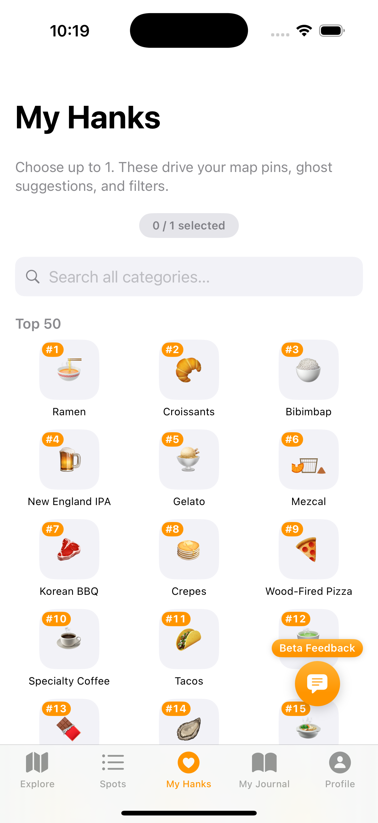 My Hanks tab showing active picks and Top 50 categories
