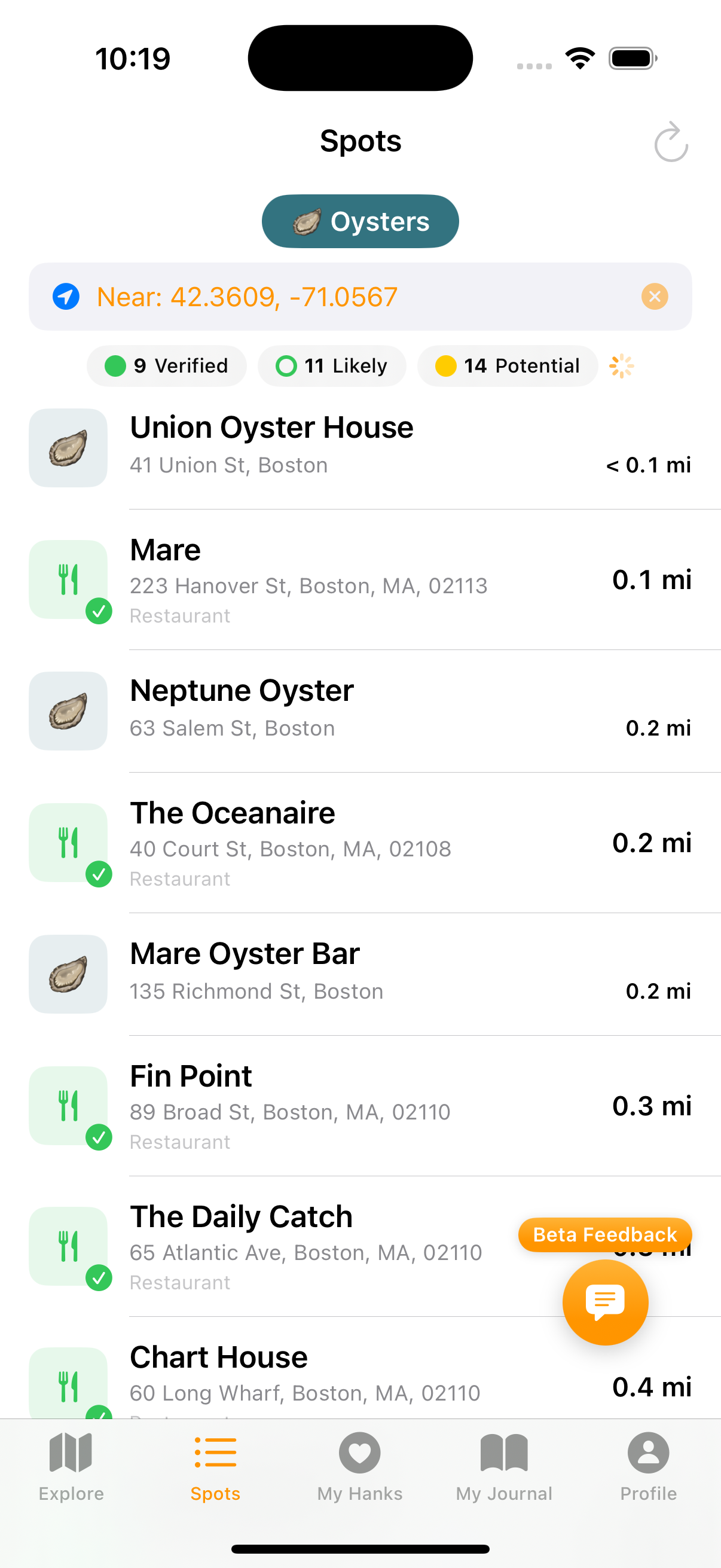 Spots tab showing search results in a filterable list